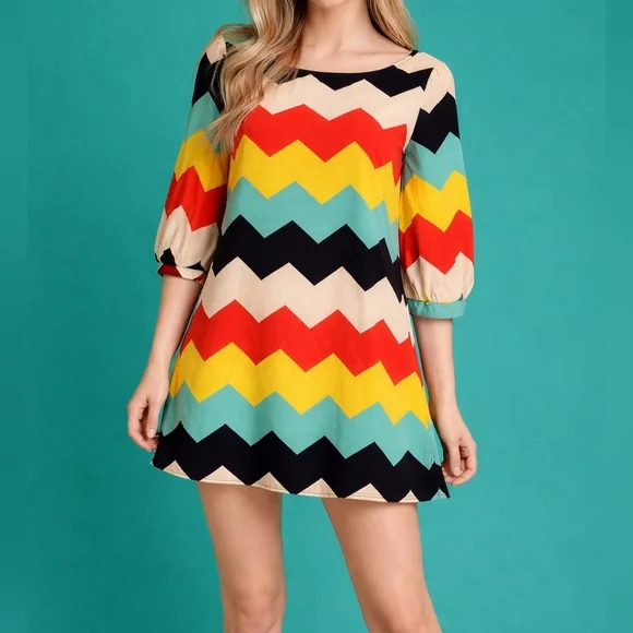 PINK OWL Colorful Rainbow Mod Zigzag Artsy Babydoll Micro Dress - Picture 1 of 6